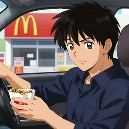 ryosuke takahashi with black hair wearing a dark blue shirt in a car getting food at mcdonald's drive - thru, initial d anime, initial d anime 1 0 8 0 p, detailed anime face, 1 9 9 8's anime, artstation, high detail