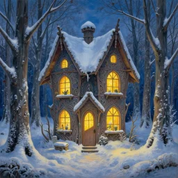 tyranid fairy cottage in snowy forest at twilight. illuminated windows. intricate painting by ross tran, magali villeneuve, and jeremy mann.