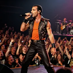 freddie mercury singing at a death metal punk concert. mosh pit, elaborate clothing, to concert - s 1 5 0