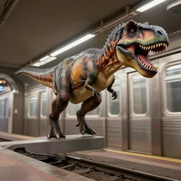 t - rex doing parkour in a subway, photorealistic, 3 d render