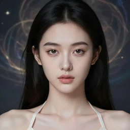 portrait of an elgant young adult woman with a! heart shaped face!,! pale ivory skin!,! downturned hazel eyes!,! button nose!,! thin light pink lips!,! natural straight black eyebrows!,! long thin black hair!, halter neck shirt, ethereal, magical background, intricate facial features, hyperrealism