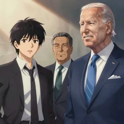 key anime visual of joe biden and Saiki Kusuo; official media