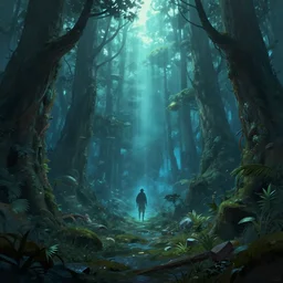 reed - people hidden in futuristic spiritual mystical post apocalyptic forest drawn by ron gilbert, dim painterly volumetric aquatic lighting, beautiful, crisp, artstation, highly detailed