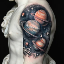 planets emerge from a broken renaissance statue, tattoo design, hyper - realistic, in the style of tony santos