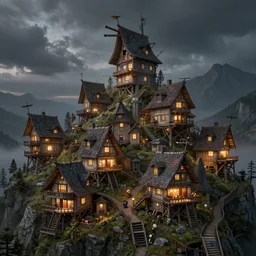 huts on a hill with siege weapons repurposed as homes, volumetric lighting, 8 k octane beautifully detailed render, post - processing, extremely hyper - detailed, intricate, epic composition, cinematic lighting, intricate, trending on artstation, stunning art by anders zorn, wonderful masterpiece by rutkowski, beautiful cinematic light,