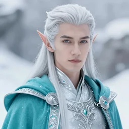 a close - up portrait of an androgynous handsome male snow elf in a turquoise cape and silver armour, albino skin, winter vibes, elegant, very coherent symmetrical artwork, by tomasz alen kopera and alphonse mucha and charlie bowater, photorealistic