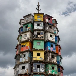 close - up view of a tower made up of colourful makeshift squatter shacks, bleached colours, moody cloudy sky, dystopia, mamiya rb 6 7, very detailed, photographed by bruno barbey and brett whitely