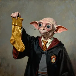 Dobby from Harry Potter movie holding a golden sock up in the air, oil painting by Salvador Dali