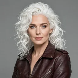 portrait of a beautiful woman, white curly hair, wearing leather jacket, by mandy jurgens