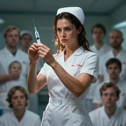 epic portrait cinematic shot an female nurse in a white dress and short sleeves holding an syringe, muscular, wet flowing hair, sweaty skin, broad light, ambient occlusion, volumetric light effect, made by ivan aivazovsky, peter mohrbacher, greg rutkowski, marc simonetti, matte painting, trending on artstation, 4 k, perfectly defined features, digital painting, cinematic, epic, highly detailed,