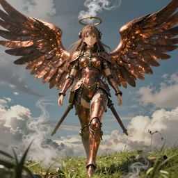 steampunk angel anime girl with a halo made out of steam, extremely detailed, hdr, anime, studio ghibli, lush, pretty, long hair, full body portrait, cinematic lighting, sky, grass, clouds, posing, epic, intense, sharp focus, wings made out of copper metal, steam,