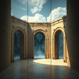 centralized triptych style paintings showing walls with magic portals to another world, sharp focus, digital, sectioned in thirds, architecture, detailed, elegant artist greg rutkowski