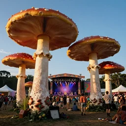 70s photo of giant mushrooms at trippy psychedelic hippy festival Woodstock stage show