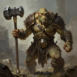 an Ogre Warrior with a great warhammer in the style of Greg Rutkowski, realistic painting, Digital art, very detailed, High definition, trending on Artstation