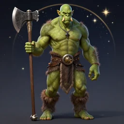 detailed character portrait, green - skin handsome orc barbarian, bald, tusks, barefoot, large axe, stars and night background, alphonse mucha, rhads, ross tran, artstation, artgerm, octane render, 1 6 k