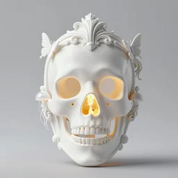 biomechanical mask of a skeleton by Roberto Ferri. shining in white yellow divine light. vintage bulb. white plastic. baroque elements, human skull, jellyfish, butterfly, phoenix head. burning water. intricate artwork by Tooth Wu and wlop and beeple and dan mumford and greg rutkowski and nekroxiii. halo. octane render, cinematic, hyper realism, octane render, 8k, depth of field, bokeh. iridescent accents. vibrant. yellow and gold and white colour scheme
