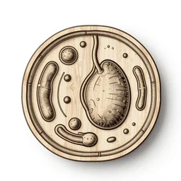 a black and white detailed anatomy of a single!! eukaryotic cell showing the nucleus and mitochondria, engraved on wood