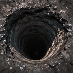 height view looking down the bottom of a giant hole from the edge, ground camera