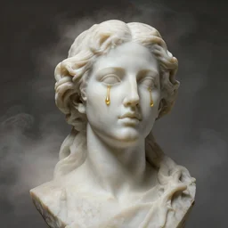 a sculpture of a person with golden tears, a marble sculpture by nicola samori, behance, neo - expressionism, marble sculpture, apocalypse art, made of mist