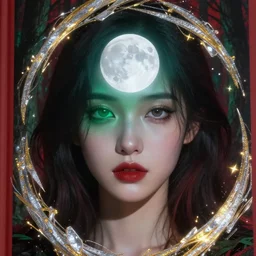 glowing silver and golden elements, full close-up portrait, young woman from thispersondoesnotexist as a dark witch in front of the full big moon, book cover, green forest, red white black colors, establishing shot, extremly high detail, foto realistic, cinematic lighting, pen and ink, intricate line drawings, by Yoshitaka Amano, Ruan Jia, Kentaro Miura, Artgerm, post processed, concept art, artstation, matte painting, style by eddie, raphael lacoste, alex ross