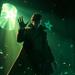 doctor strange, long shadow, light colors, green magic, esperanto, flag esperanto, white star, by greg rutkowski, multiple dimensions, shattered glass, refractions, highly detailed, environmental light, cinematic by francis tnehunreal, octane render, nvidia, concept art