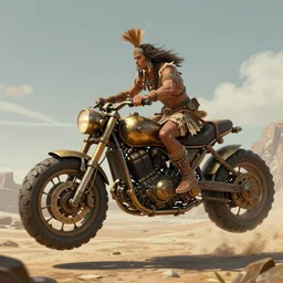 an concept art illustration, bushman tribal man riding on a large floating steampunk motorcycle, fantasy, style by wlop, trending in artstation, cgsociety, octane render, ultra sharp, unreal engine, 8 k