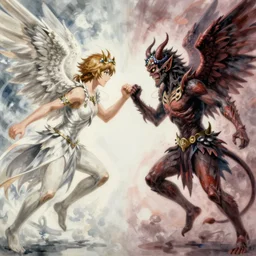 battle between good and evil , battle between angels and demons, by  and Takato Yamamoto  and  Yoshitaka Amano, high resolution, ultra detailed