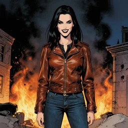 Rafael Albuquerque comic art, Norman Rockwell, Joshua Middleton, pretty Eva Green vampire, sharp vampire teeth, sarcastic smile, symmetrical eyes, symmetrical face, brown leather jacket, jeans, long black hair, full body, building on fire, cool colors