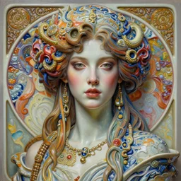 a beautiful woman made from porcelain in intricate detailed color oilpaint, 3 d render, hyper realistic detailed portrait, distopian surrealism, intense colors, scifi, fantasy, hyper detailed, octane render, concept art, by peter mohrbacher, by alphonse mucha, by wlop, by ruan jia