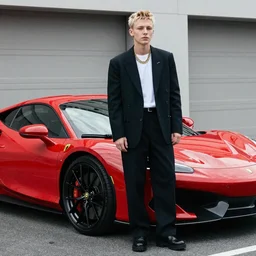 kavinsky is standing by a red sports car
