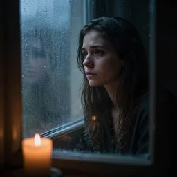 a photo of a sad spanish young woman looking through the window on a rainy day, dark room, soft candle light