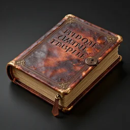 A highly detailed and intricate image of an ancient, dusty grimoire, leather bound, carved lettering, three color scheme, 3d render, 4k, dark arts,