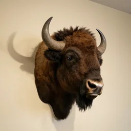 hunting trophy bison head nailed to the wall