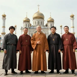 a wide full shot, russian and japanese mix 1 9 8 0 s historical fantasy of a photograph taken of the guardian priest'domains, photographic portrait, high - key lighting, warm lighting, overcast flat midday sunlight, 1 9 8 2 life magazine photograph.