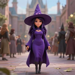 Young cute small beautiful woman in form fitting slim purple witch robes and pointy hat at a crowded magical university, full body shot unreal engine hyperreallistic render 8k character masterpiece digital art by Greg Rutkowski, Simon Stalenhag, trending on Artstation, CGSociety
