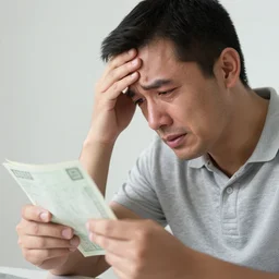 a man is holding his head while reading the bill in his hand, crying. fine art, trending on artstation, smooth draw, sharp focus, digital art, bright colors, fine draw. - n 4