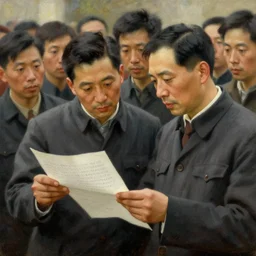 in 1 9 4 5, realistic painting, two men were in front of many people reading a text on a piece of paper, realism, fine art, trending on artstation.