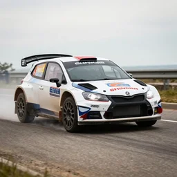 rally car racing on a boardwalk, high - speed sports photography, soft lighting