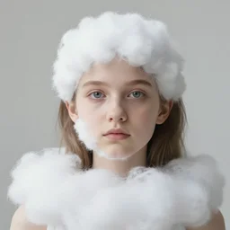 realistic documentary portrait closeup photo of a girl slowly morphing into white hairy fur fluffy cloud, common street, front view, grain 1 9 9 0, life magazine reportage photo, metropolitan museum photo