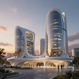 exterior shot of utopian architecture laboratory with cinematic lighting by zaha hadid and renzo piano, darek zabrocki and greg ruthkowski, alphonse mucha, simon stalenhag, cinematic, scifi, futurism, atmospheric, sunset, concept art, artstation, trending on artstation