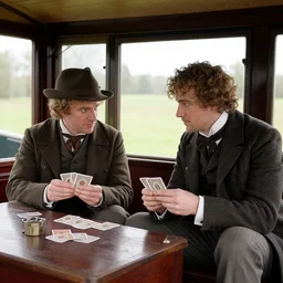 inside a wagon Phileas Fogg and Detective Fix playing cards