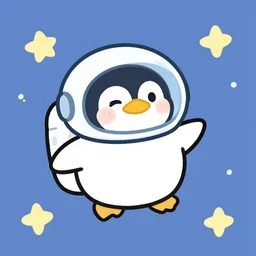 cute astronaut penguin with helmet on, floating on space, minimalist cartoon style