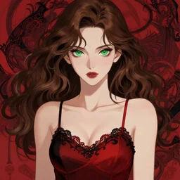 gorgeous woman with brown hair and green eyes, wearing a camisole, red and black color palette, in the style of and ilya kuvshinov and greg rutkowski, high quality anime artstyle, intricate