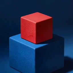 a red cube on the top of a blue cube