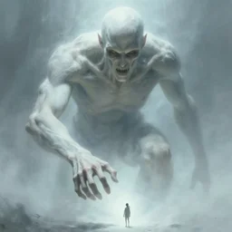 an immense beautiful terrifying pale humanoid giant looms over a tiny human and reaches out a hand towards them. ethereal horror fantasy art by greg rutkowski