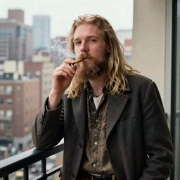 norman rockwell portrait of a 20-something nordic man with long blonde hair and a (shaggy) beard smoking a joint on a balcony in New York City, Norwegian Man