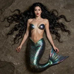 Portrait, body centered, dark sultry beautiful mermaid with long flowing hair, iridescent scales on her body, fish tail, by j.c. Leyendecker, Brom, face by Otto Schmidt