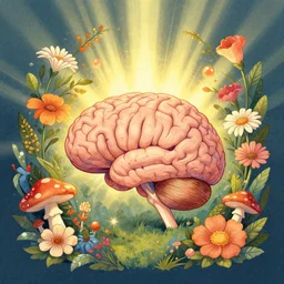 an image of a brain surrounded by flowers and mushrooms, god rays coming from behind, illustration by mark ryden