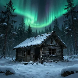 A abandoned wooden hut in a winter forest environment concept, northern lights, horror game, artstation