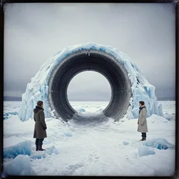 intergalactic stargate portal in the middle of a frozen tundra, with ice and snow all around it by nele zirnite and paul gustave fischer, style of ambrotype